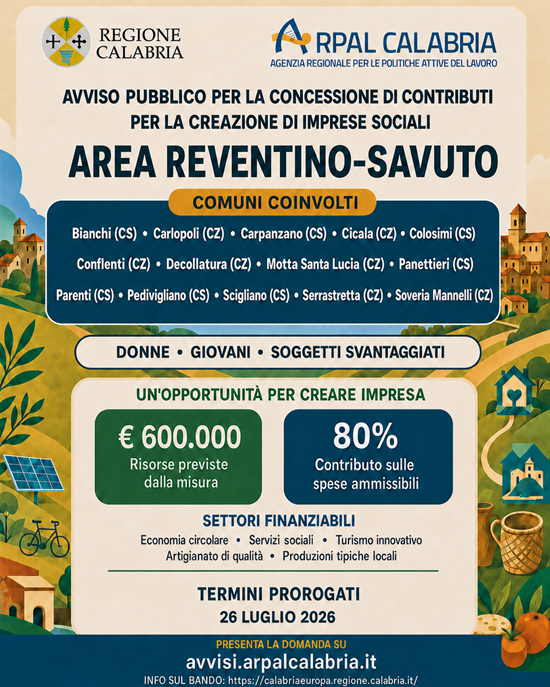 Avviso pubblico per la concessione di contributi destinati alla creazione di imprese sociali nell’Area Reventino-Savuto